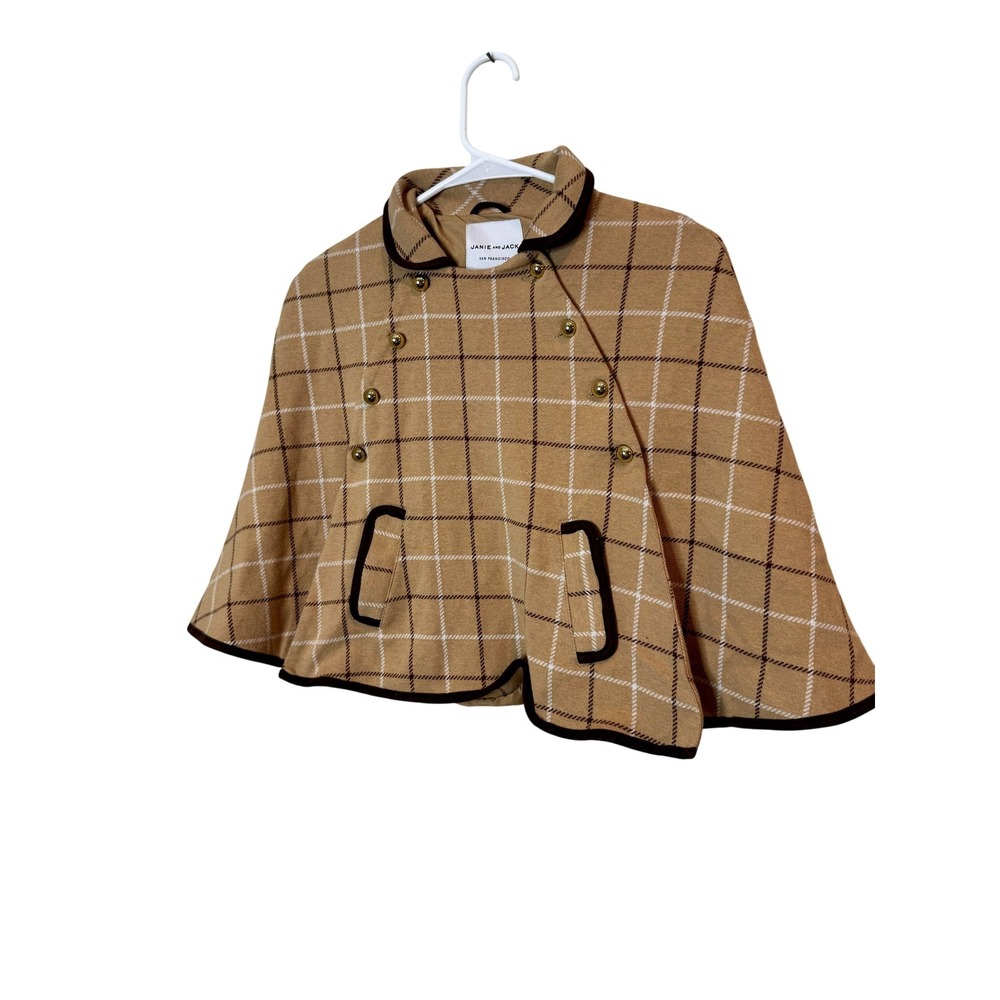 Janie And Jack Cape Coat Girls 7-8 Years Beige Plaid Wool Blend Lined Snap Front